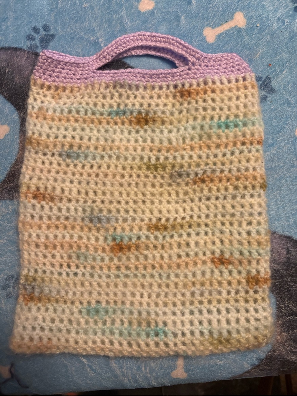 Handmade Lavender Trim Crochet Tote Bag - Pastel Speckled